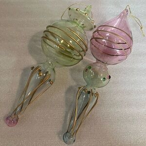 Lot of 2 Finial Vintage Hand Blown Multicolored Decorative Glass Ornaments